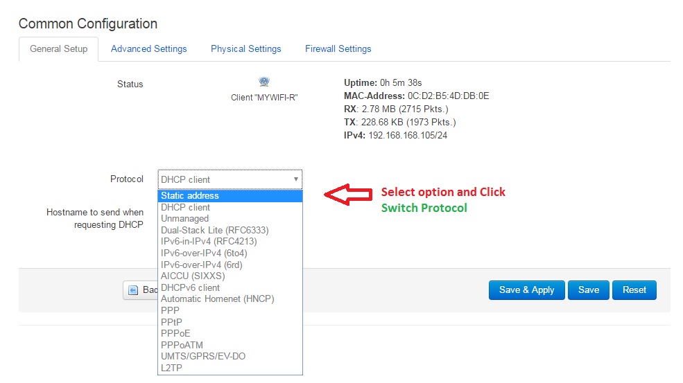 Select Static or PPPoE in OpenWrt