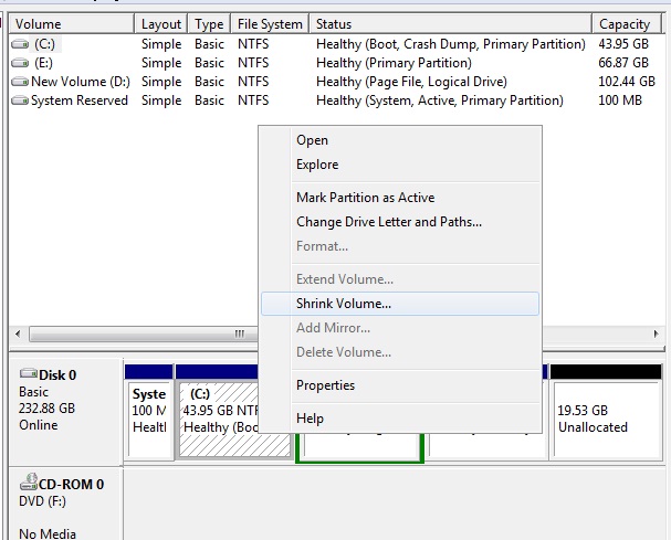 Winodws 7 and 8 Shrink Volume Option