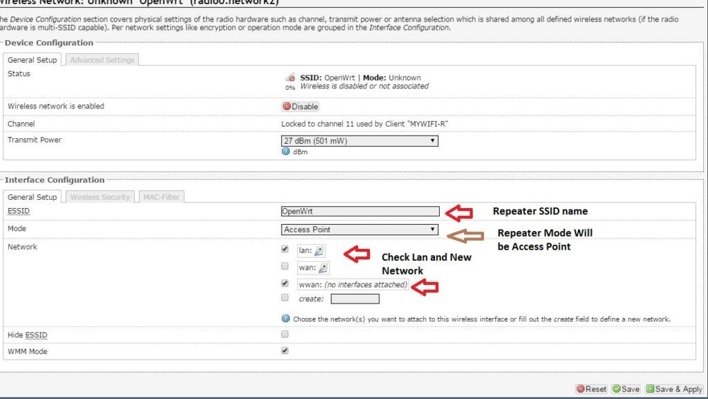 Repeater interface configuration in openWrt