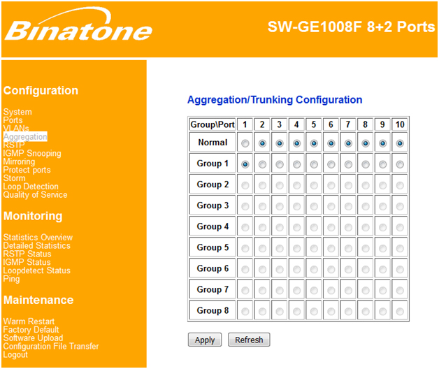 How to configure binatone managed switch