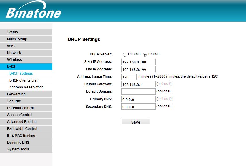 Binatoen WR3000N DHCP Enable option