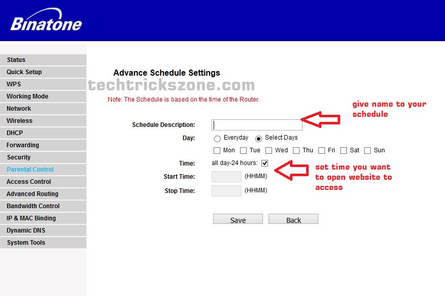 create website block rules in binatone router