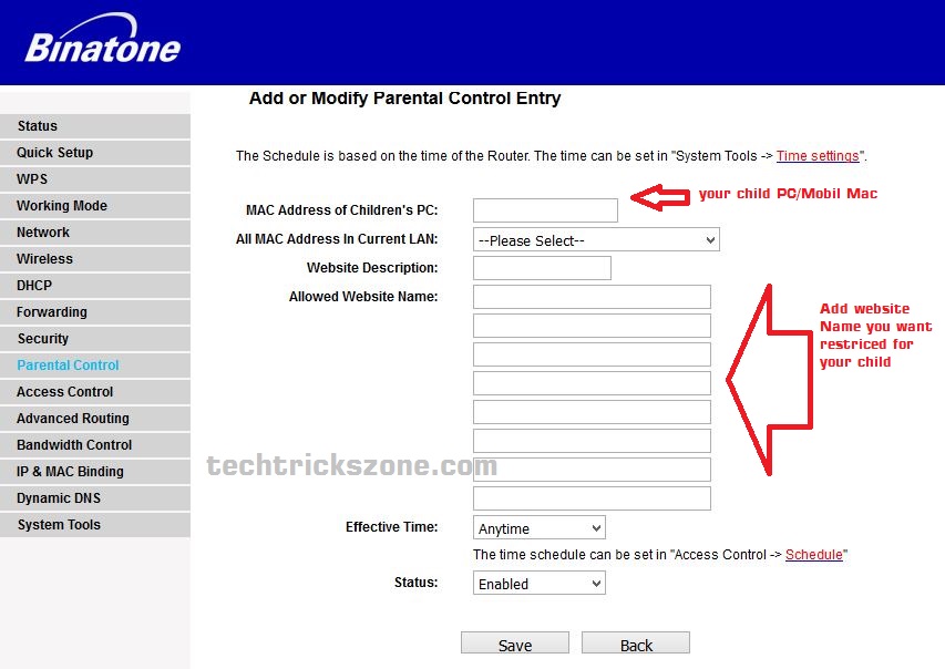 Website Add to parental control in binatone router