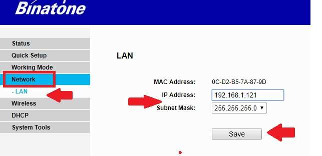 binatone n1505n3 lan ip configuration