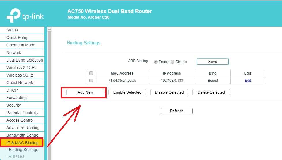 how to bind Mac address to IP address in tp-link ac750