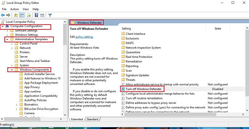windows defender turned off by group policy