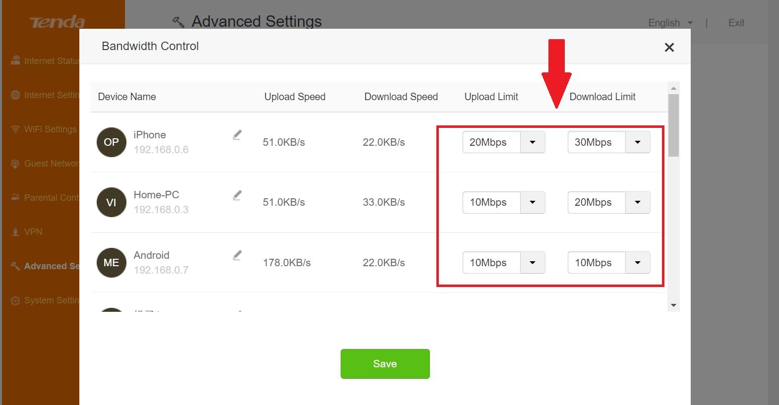 limit bandwidth in Tenda AC10 router